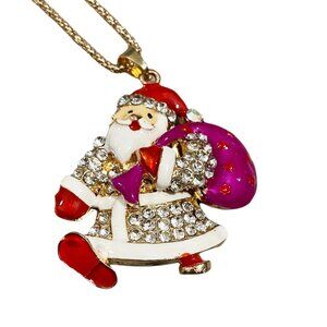 NWT Betsey Johnson Necklace Large Santa Carrying Presents Gold Tone Statement
